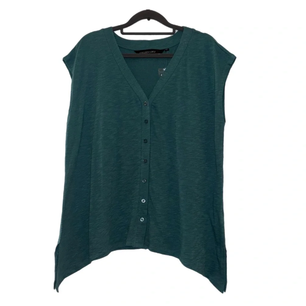 Colleen Lopez Green Cap Sleeve Boxy Button Down Shirt - Picture 1 of 8